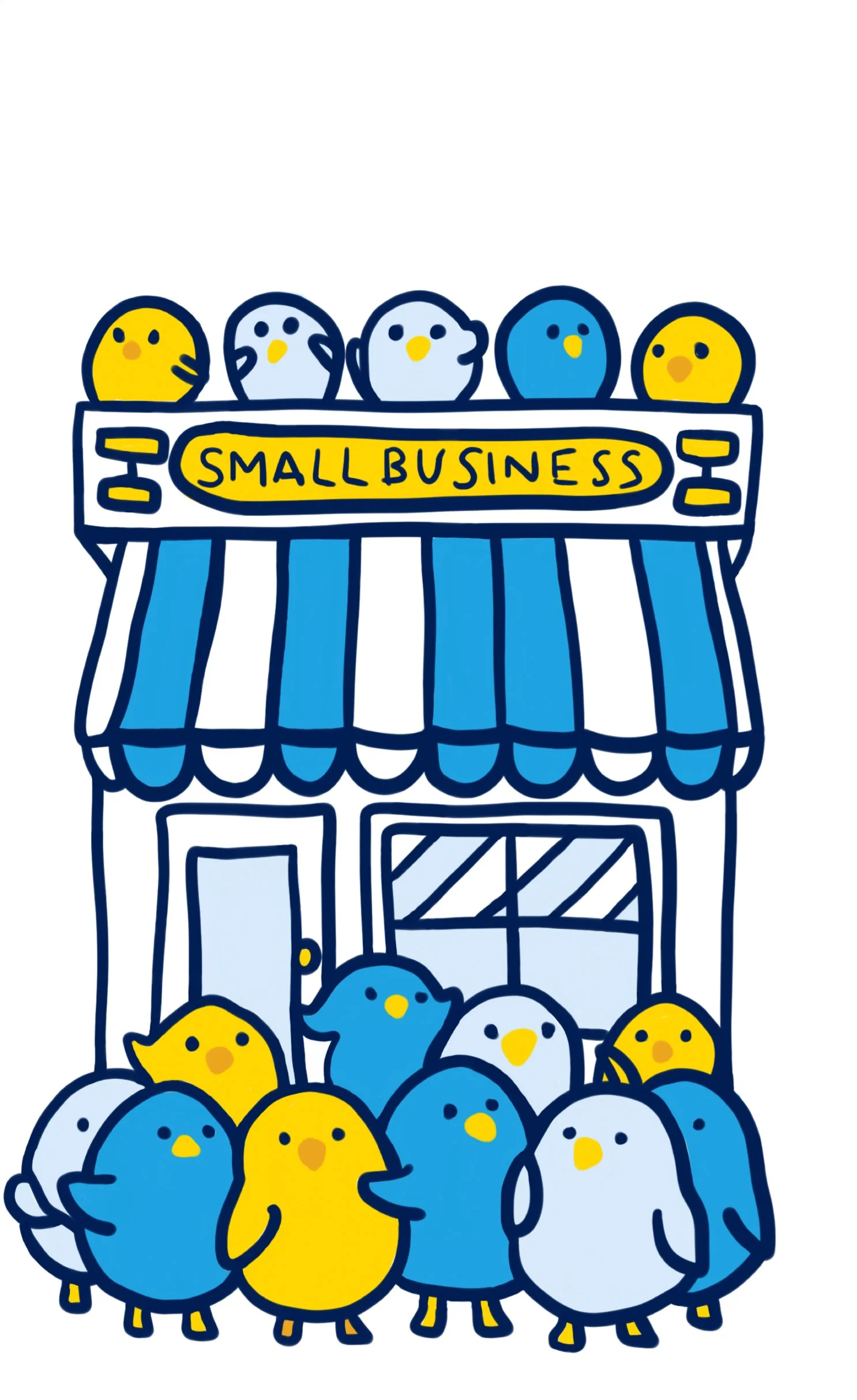A group of birds gathering around the front doors of a small business thanks to marketing that helps small businesses grow.