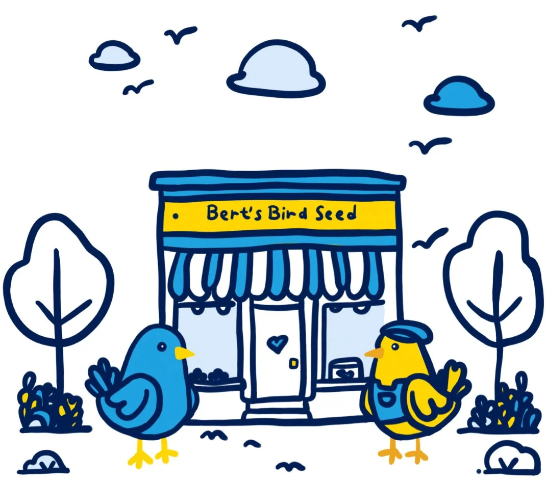 Community-driven marketing for small business owners. A small business owner in bird form speaks with his client another bird in front of a small business store front named "Bert's Bird Seed". .
