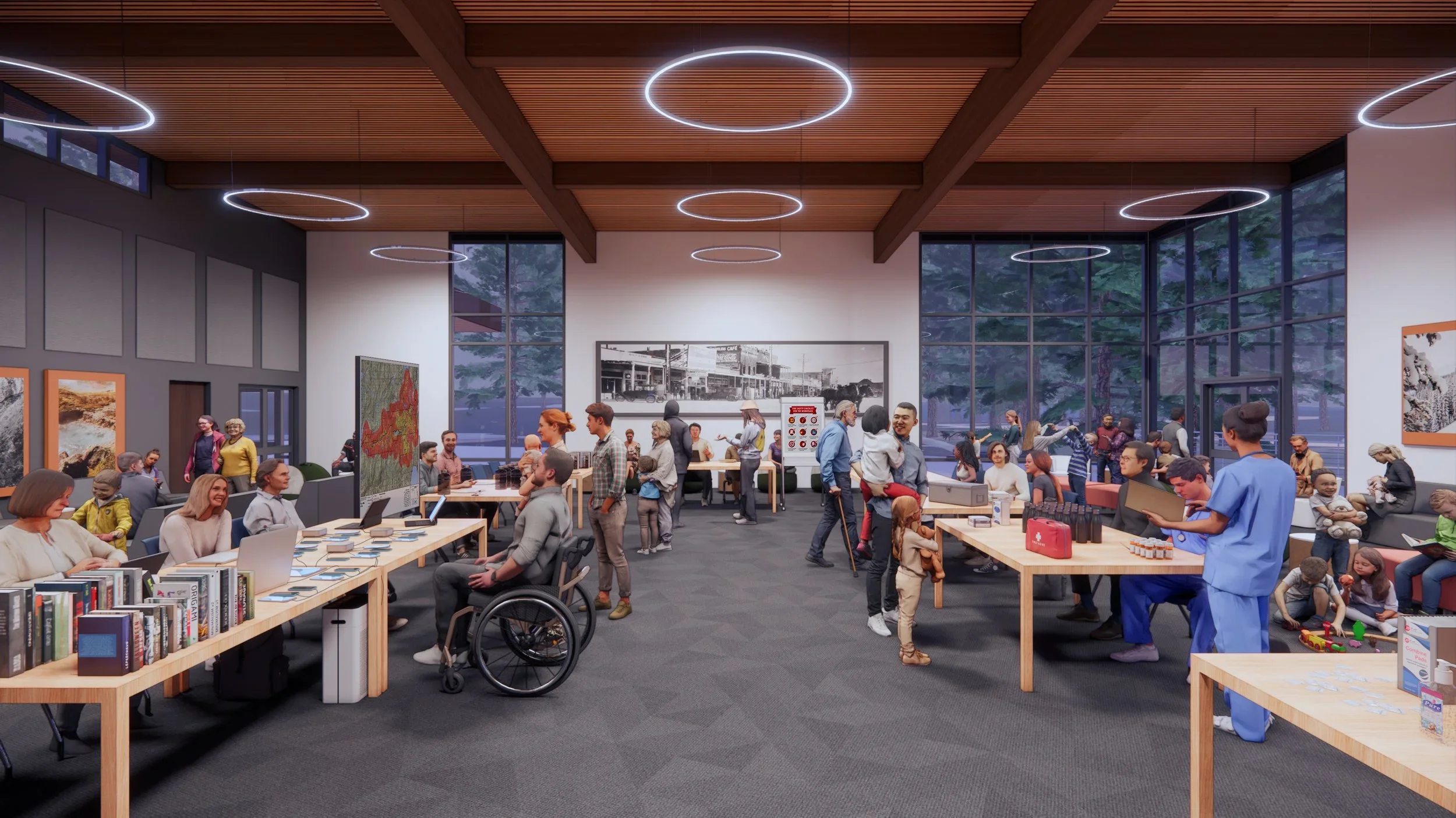 Rendering of the community events room of the new Truckee Regional Library while in use during a community emergency