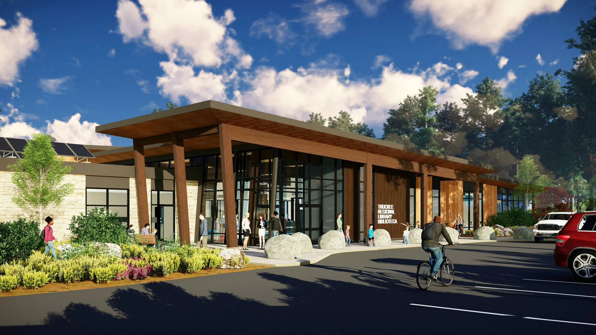 Redering of the front of the new Truckee Regional Library, facing Brockway Road