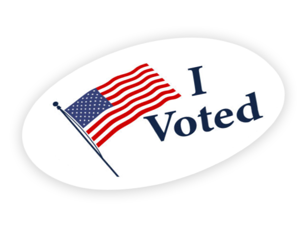 American flag sticker with the text 'I Voted' on a white oval background.