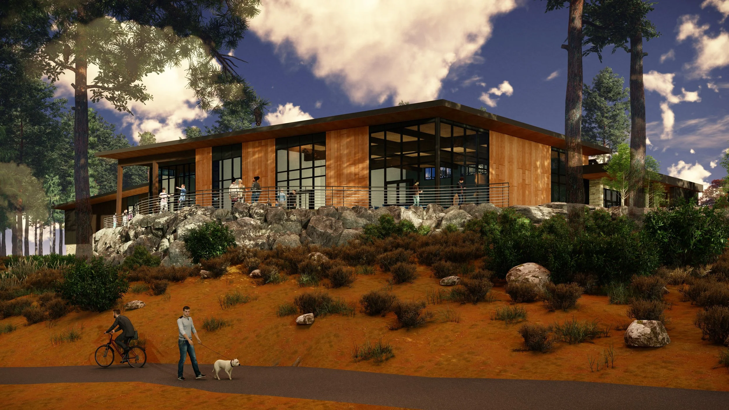 Rendering of the exterior of the new Truckee Regional Library, facing the Legacy Trail and the Truckee River
