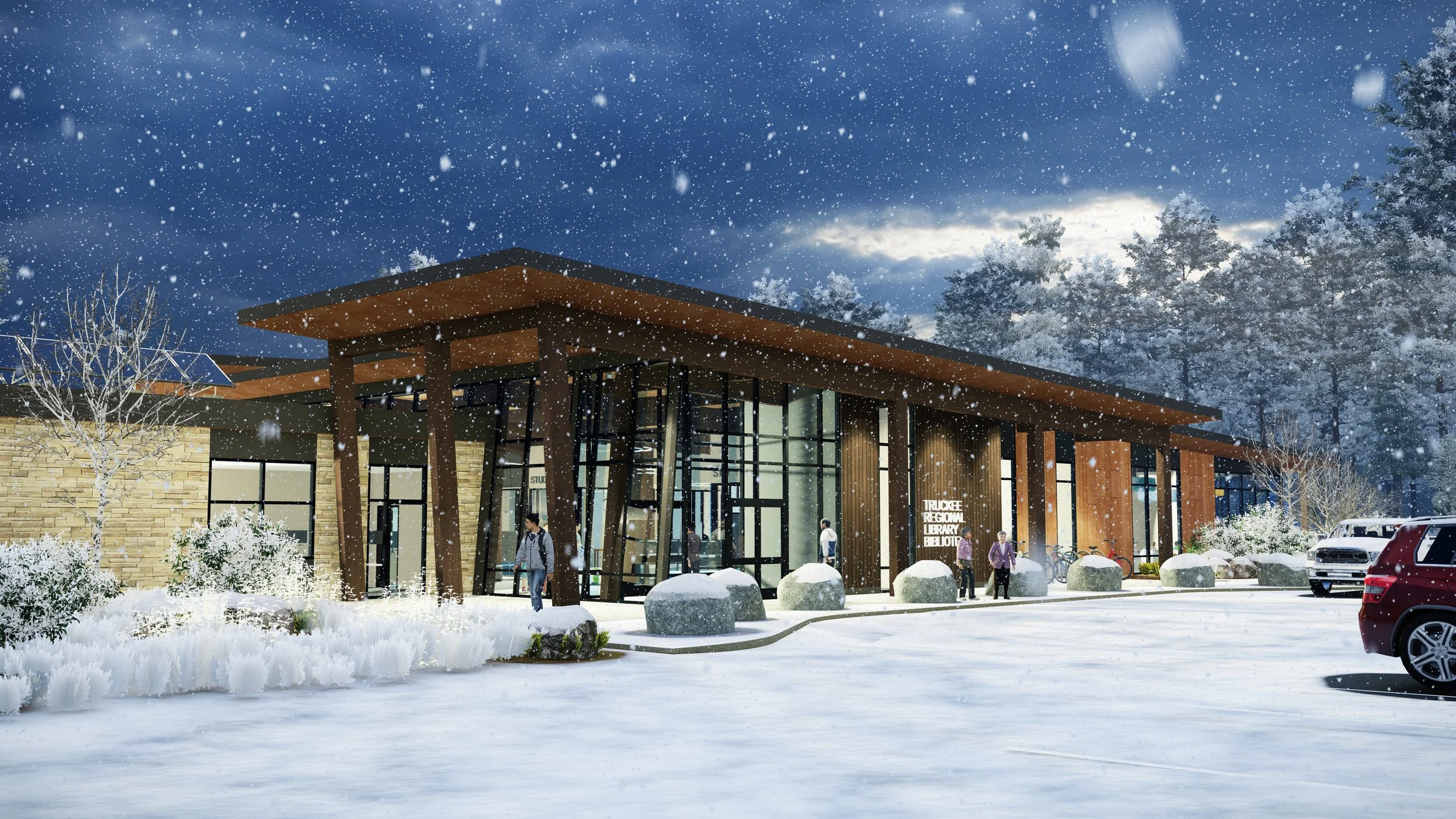 Redering of the front of the new Truckee Regional Library, facing Brockway Road