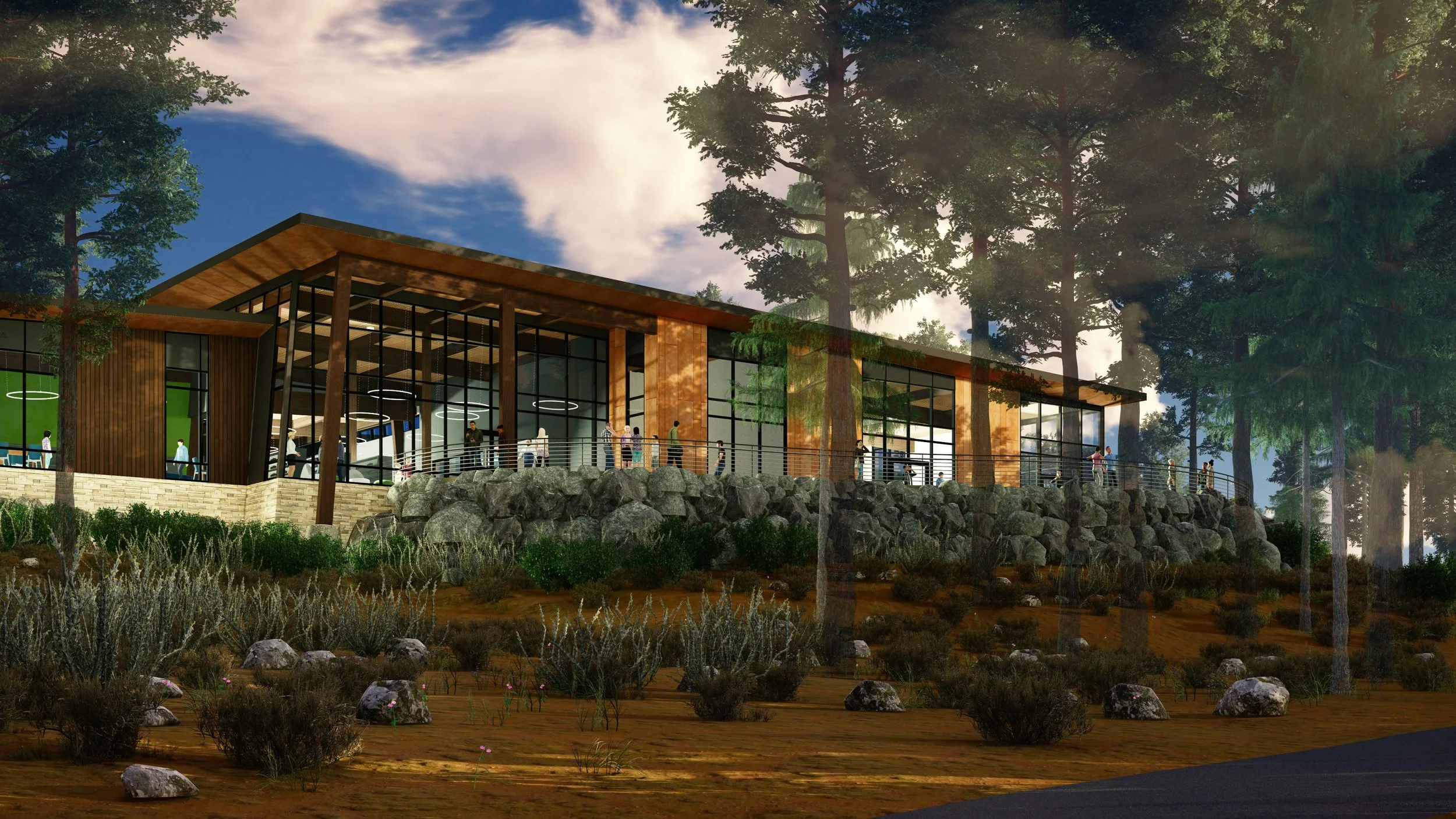 Rendering of the exterior of the new Truckee Regional Library, facing the Legacy Trail and the Truckee River