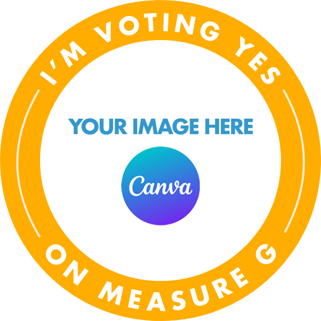A circular yellow sticker with white and orange text that reads 'I'm voting YES on measure G'. The center has a placeholder for an image and the Canva logo.