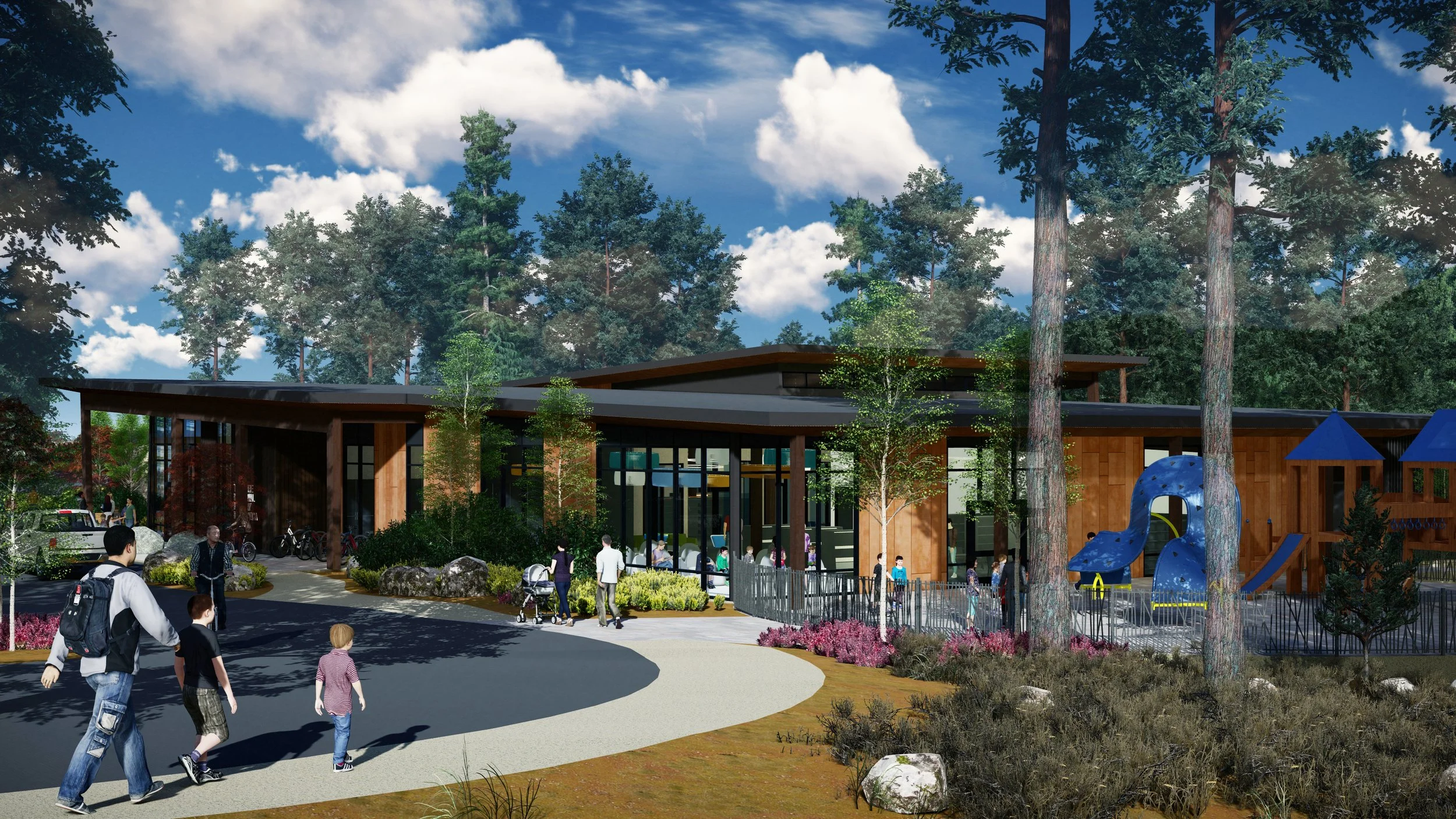 Redering of the front of the new Truckee Regional Library, showing the Children's outdoor area