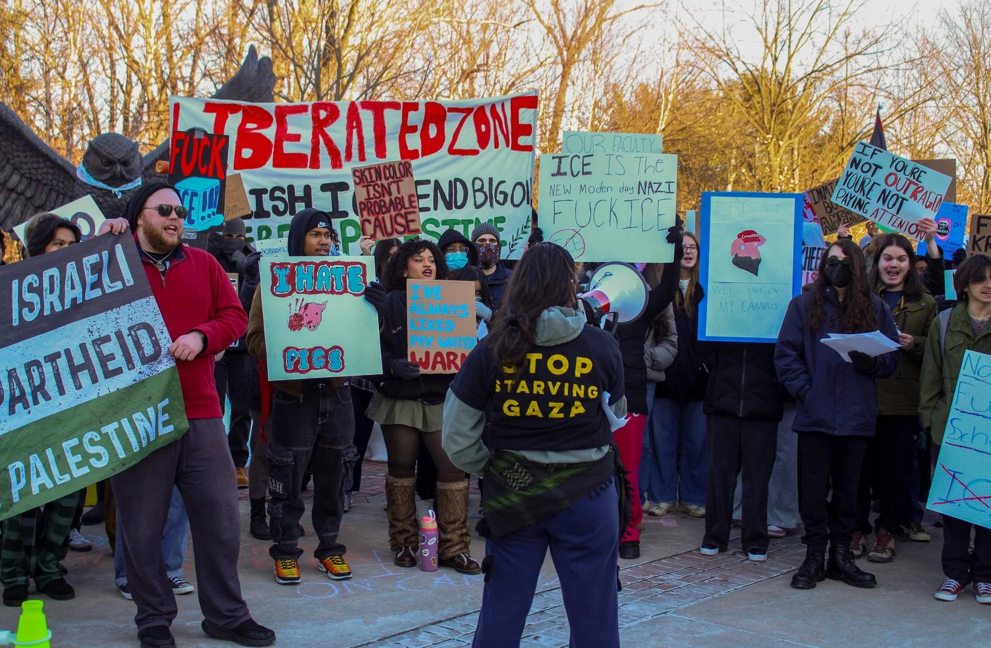  The mass group of protestors show their support. Thursday, Feb 5, 2026. (Photographer: Aidan Vanhoof) 