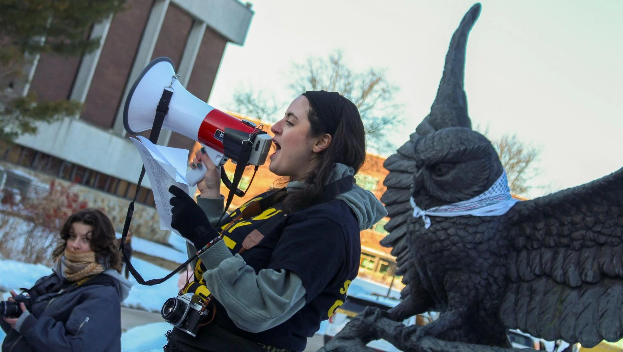  SGA officer Yuval Saar, speaks at the protest.  Thursday, Feb 5, 2026. (Photographer: Aidan Vanhoof) 