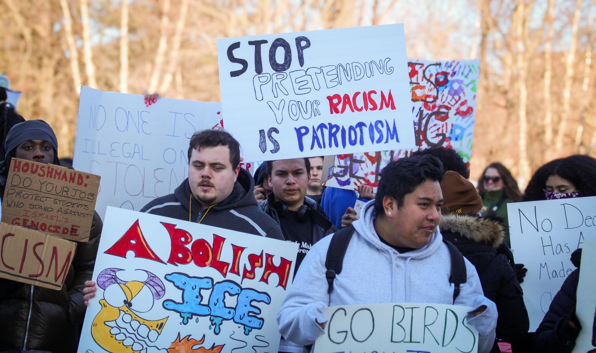  Protestors gather with their custom-made anti-ICE signs. Thursday, Feb 5, 2026. (Photographer: Aidan Vanhoof) 