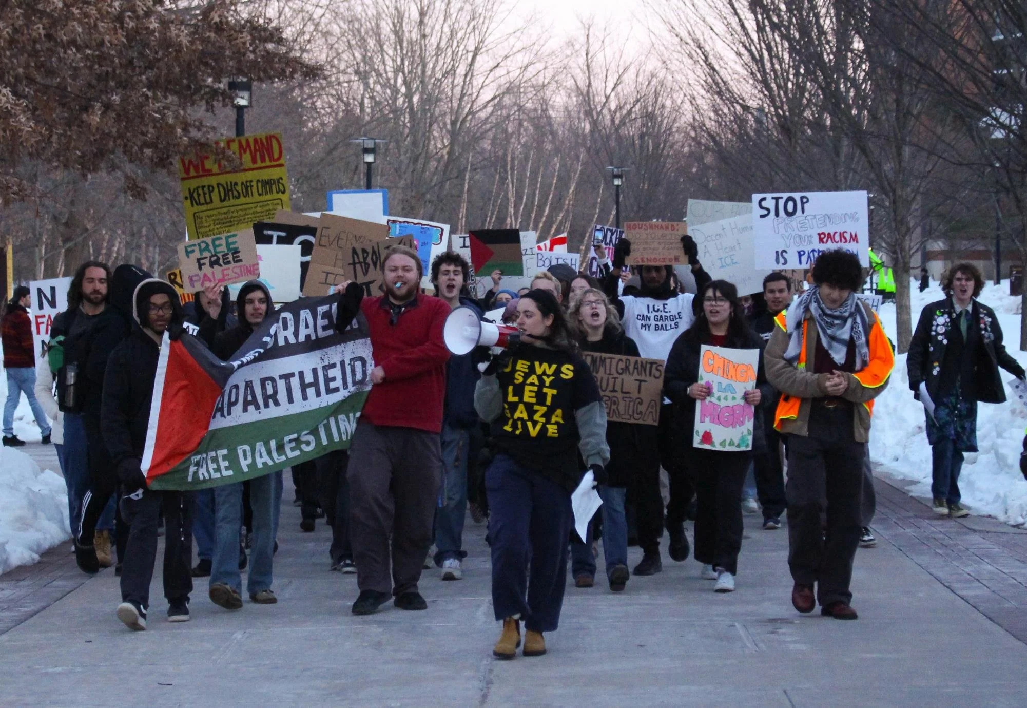  Protesters march across campus. Thursday, Feb 5, 2026. (Photographer: Aidan Vanhoof) 