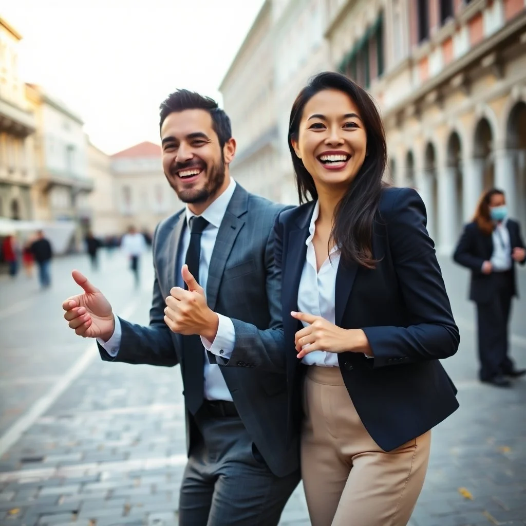 A dynamic photo of an Italian male economist and an attractive Asian female accountant, both smiling and laughing, in action poses with blurred lines.  They stand side by side in a Venetian piazza, wearing formal attire. The image features .jpg