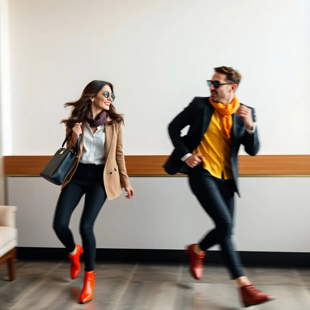 Two professionals, marketing and communication experts, dynamically interacting in a sophisticated contemporary environment. They are stylishly dressed in chic attire, with vibrant accessories, and captured in action poses with motion blur..jpg