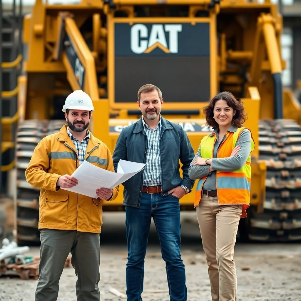 Three Italian professionals—an engineer, architect, and designer—dynamically posed at a construction site.  Large yellow CAT machinery forms the background.  They are dressed in work clothes, their expressions confident and proud.  Each.jpg