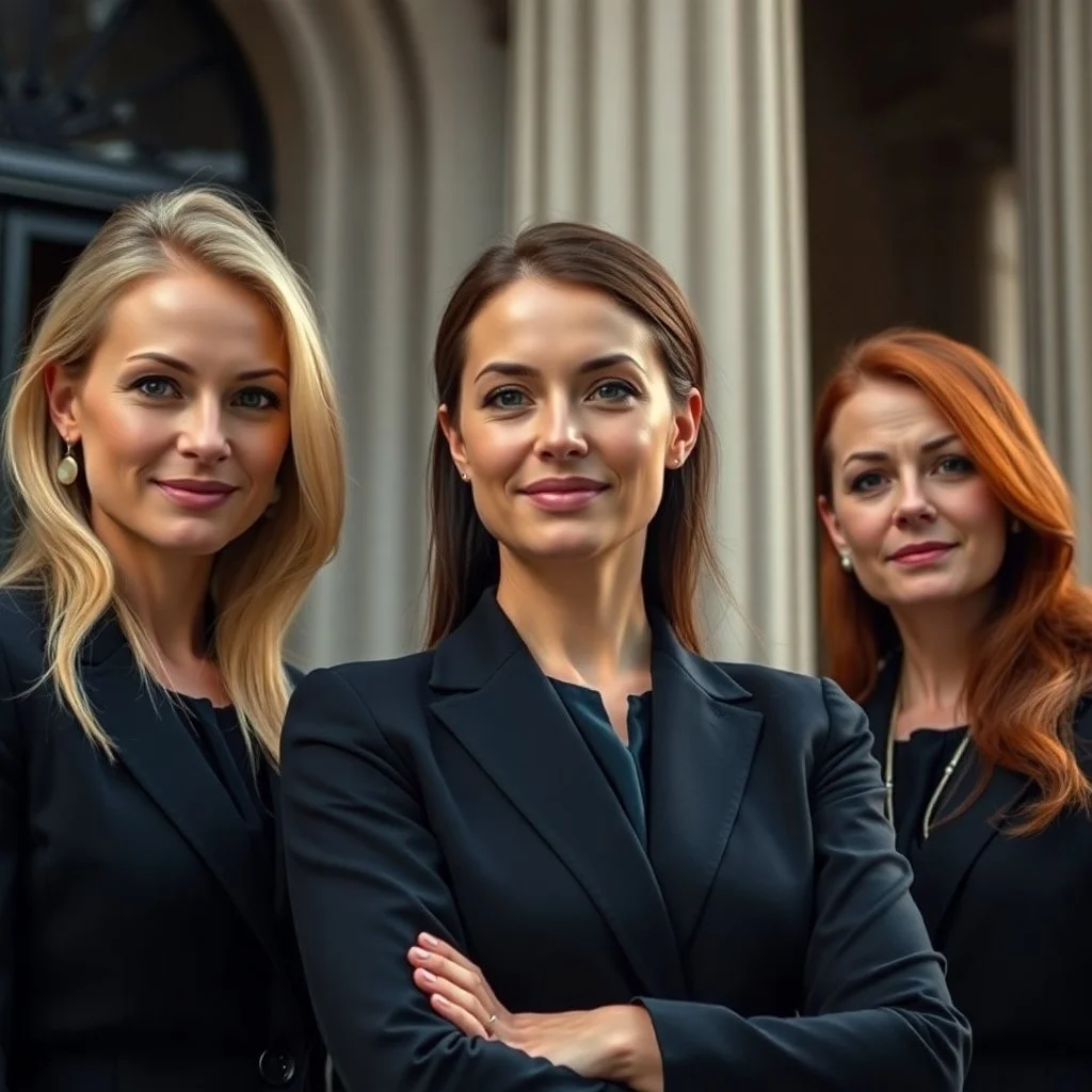 Fine art photograph extreme macro close-up of three lawyers in dark suits, standing confidently outside the Milan courthouse.  Their facial expressions blend power and kindness, subtly smiling. Natural light highlights the courthouse's arch.jpg