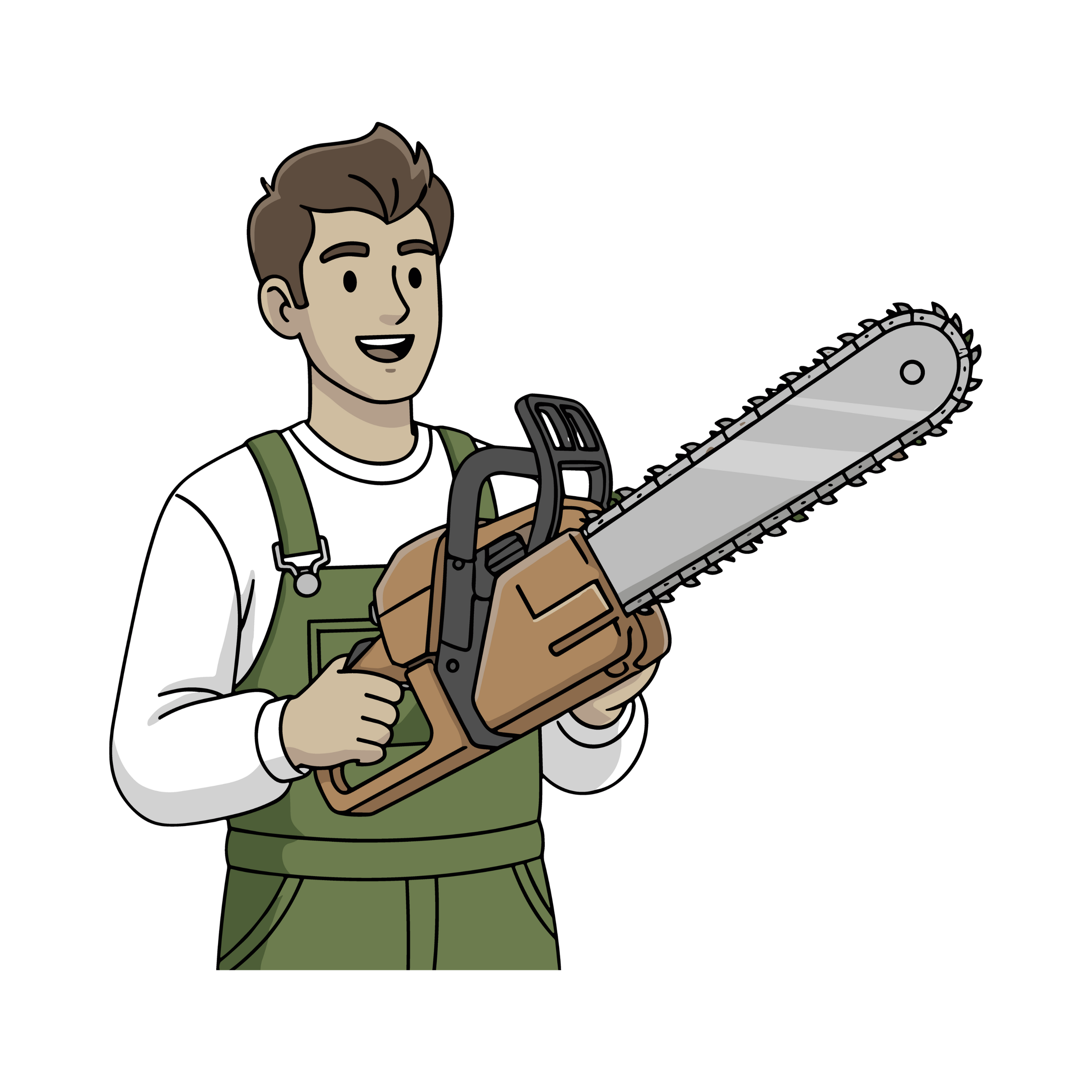 A cartoon man in overalls holding a chainsaw, smiling, set against a black background.