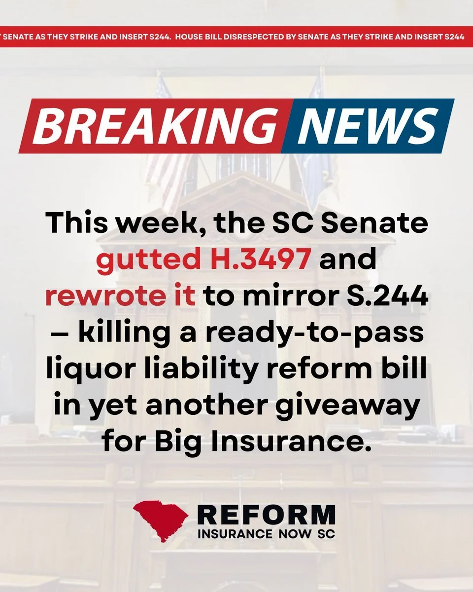 ⚠️ SC Senate strikes down H.3497 and embraces S.244 &mdash; a globalist handout that lets drunk drivers off the hook, shields corporate negligence, and gives massive bailouts to billion-dollar insurance giants. Meanwhile, over 1,000 SC bars face sky-