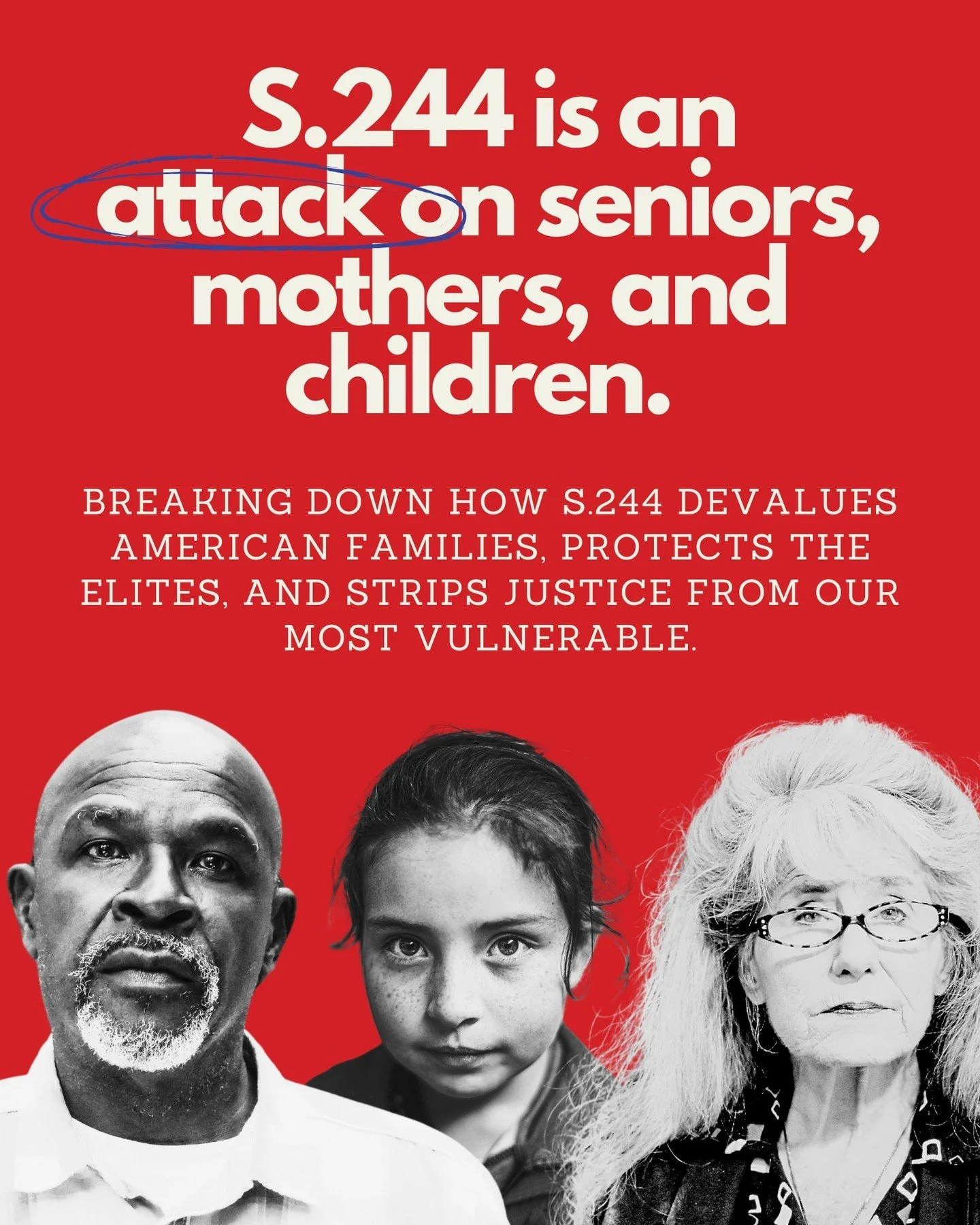 🚨S.244 IS AN UN-AMERICAN ATTACK ON SENIORS, STAY-AT-HOME MOMS &amp; CHILDREN. 🚨

For weeks, we&rsquo;ve been warning that S.244 isn&rsquo;t tort reform&mdash;it&rsquo;s a BAILOUT and a SELLOUT. So, let&rsquo;s break down how this bill devalues Amer
