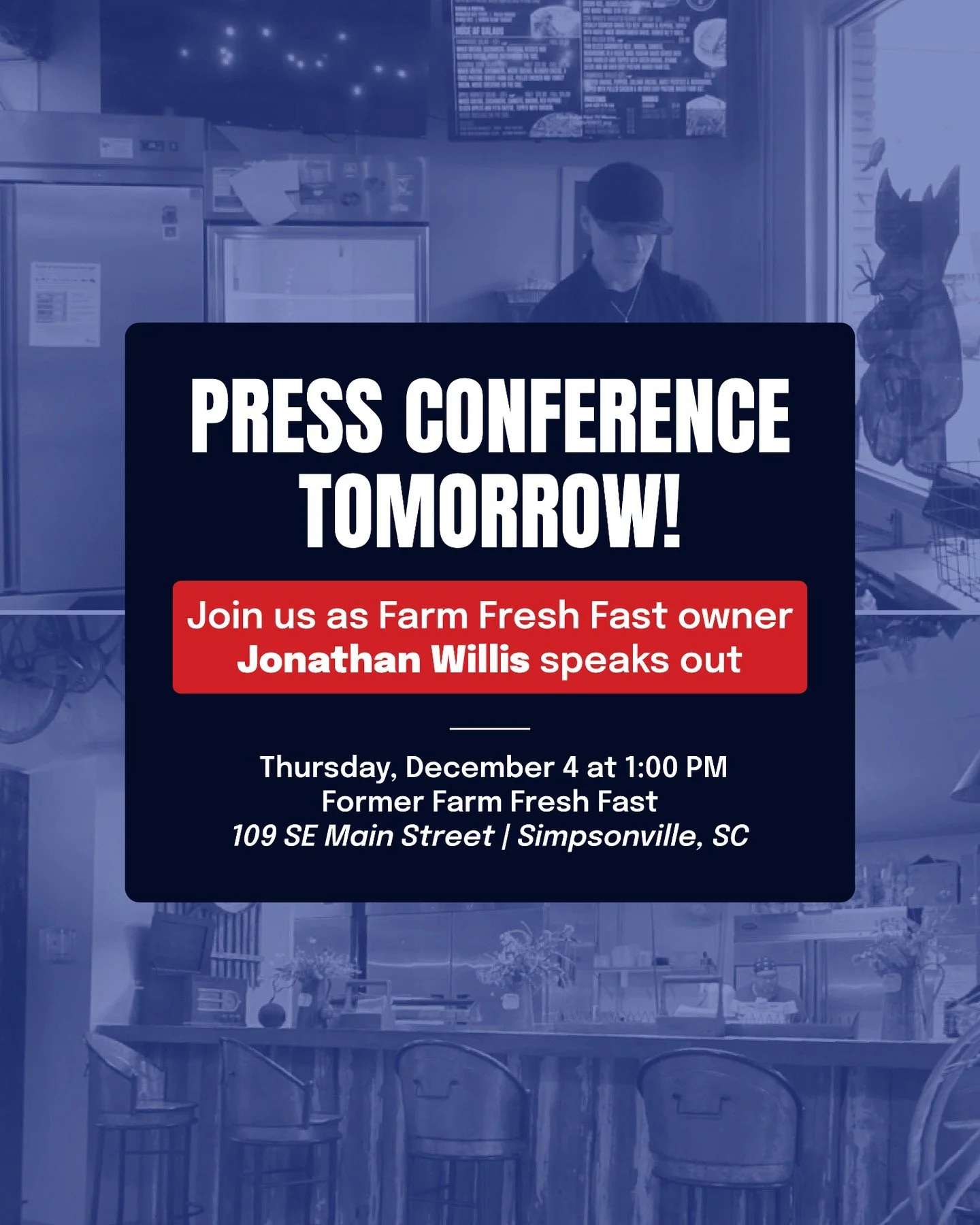 📣 PRESS EVENT TOMORROW &mdash; Farm Fresh Fast Owner Speaks Out
Farm Fresh Fast, the beloved local farm-to-table restaurant, has now closed both its Greenville and Simpsonville locations.

Owner Jonathan Willis will speak publicly about:
&bull;  The