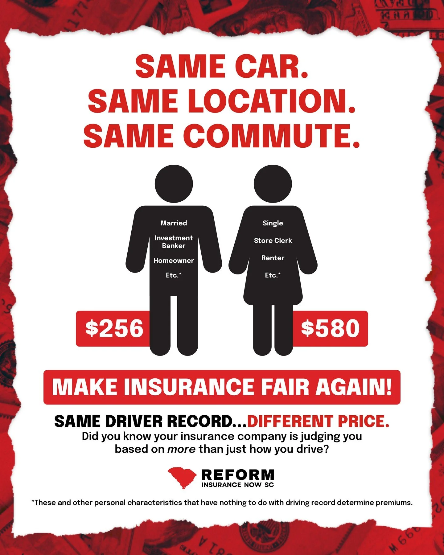 Same car. Same commute. Same driving record.
Different price.

In South Carolina, drivers with identical risk profiles are charged wildly different auto insurance rates, not because of how they drive, but because of who they are.

Education. Job. Cre