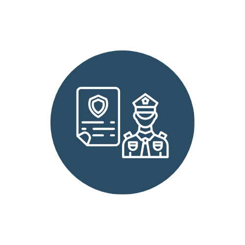 Icon of a police officer and a document with a shield symbol inside a dark blue circle.