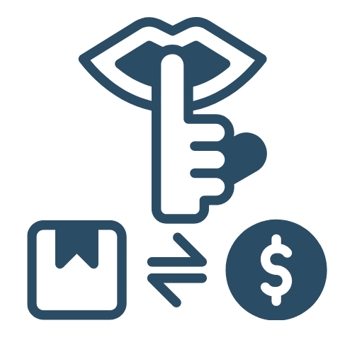 Icon of a finger touching lips, with a dollar sign and a package near it, representing stealthy or confidential pricing or communication.