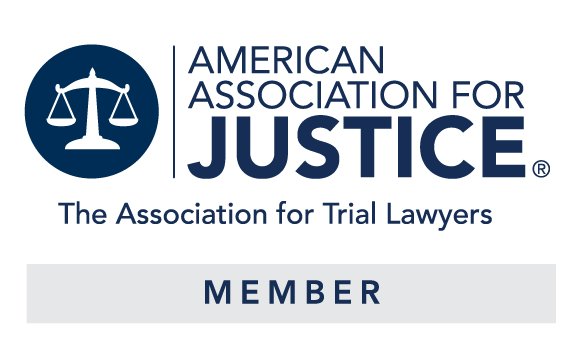 Logo of the American Association for Justice featuring a blue scales of justice symbol, the organization name, and the word 'Member' in a white box.