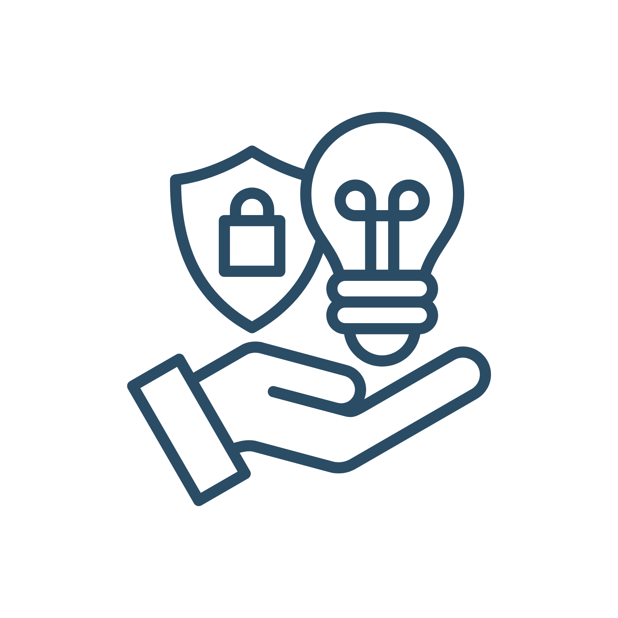 Outline of a person with a lightbulb above their head, a coin with a dollar sign, and a shield, symbolizing innovation, investment, and security.