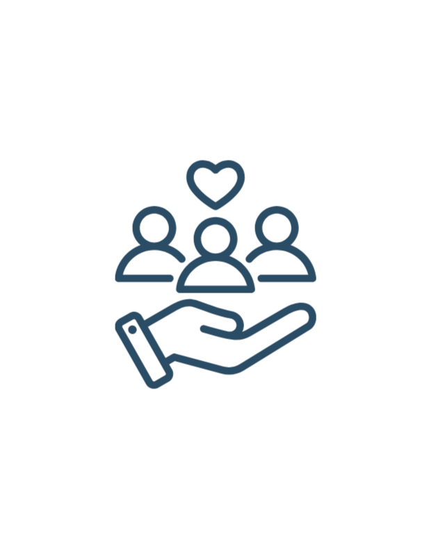 Line art icon of a hand holding a group of three people with a heart above them, representing care or support.