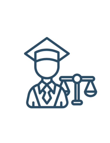 Outline icon of a judge wearing a gown and judicial cap, with a balance scale next to them.