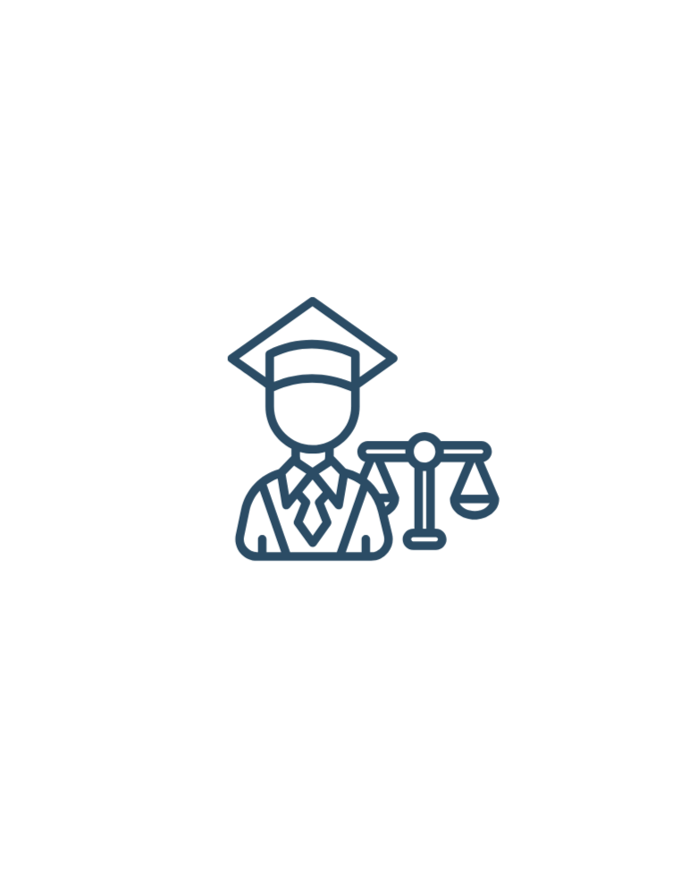 Line drawing of a person in a graduation cap and gown holding a balances scale.