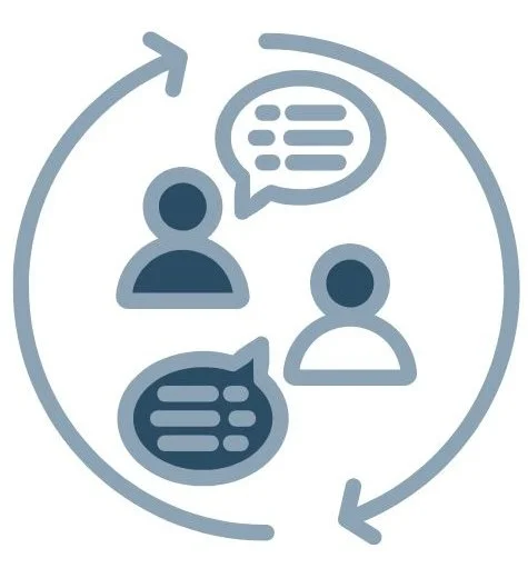 Icon of two people communicating with speech bubbles and circular arrows indicating conversation exchange.