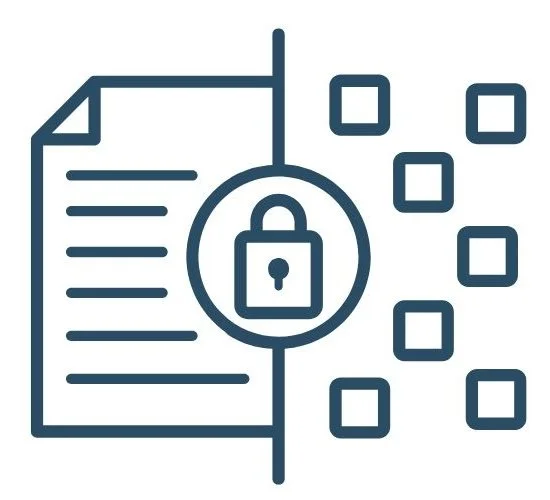 Document with a lock symbol and digital squares indicating cybersecurity or data privacy.