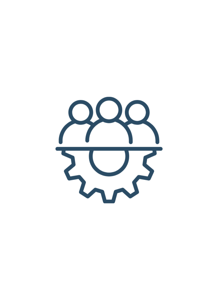 Icon of three people above a gear, representing teamwork or user management.