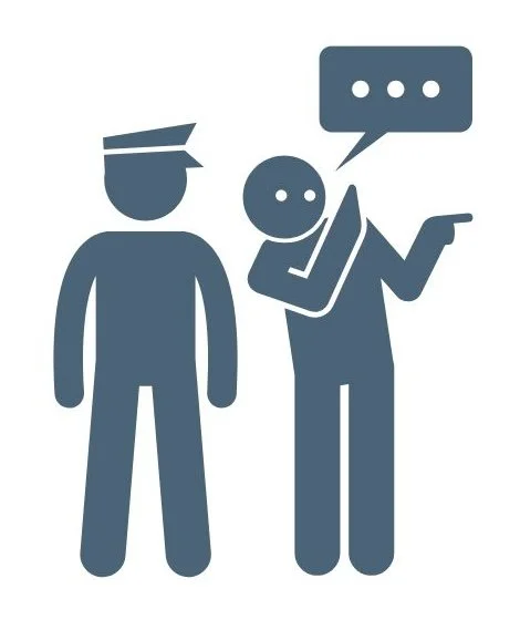 Simplified illustration of two people, one in a uniform and the other holding a phone and talking, with a speech bubble indicating conversation.
