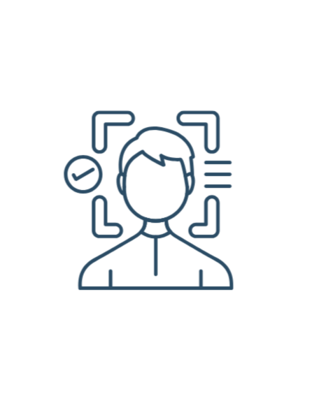 Outline of a person's head and shoulders surrounded by framing marks, with a checkmark and lines indicating focus or recognition.