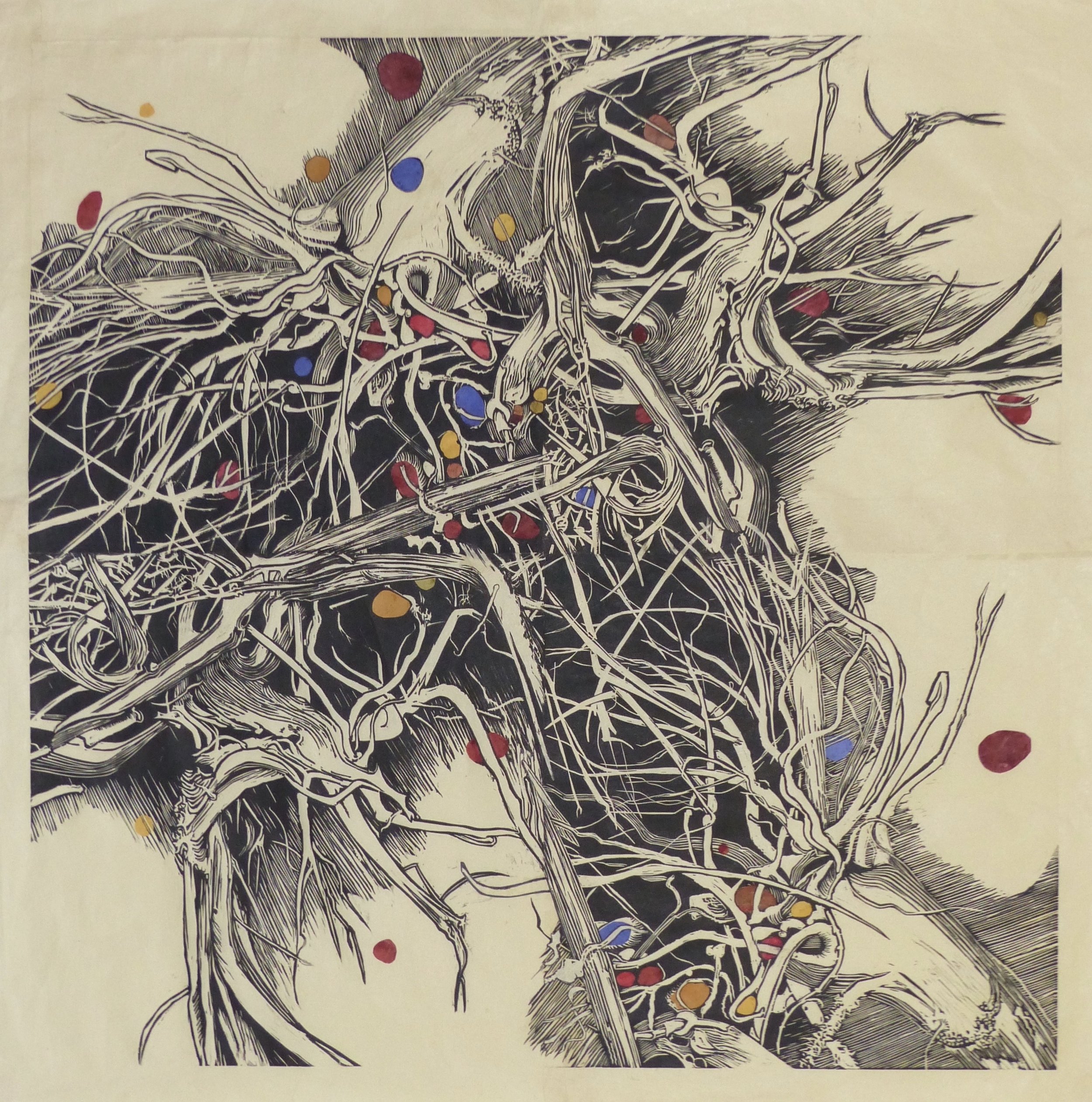 "Enlivenment" woodcut/colle 38x39 in