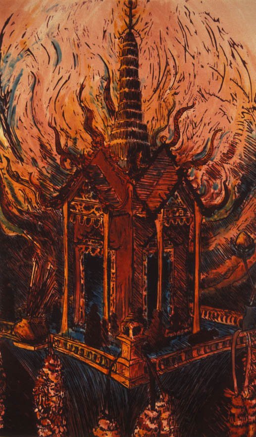 "Spirit House" woodcut/monotype 21x35 in