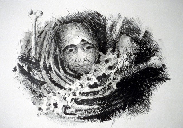 "Old Woman is Watching Over You" lithograph 19x16 in