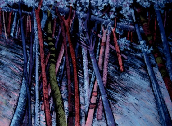 "Night Bohdi Tree" mono type on black paper 30x22 in