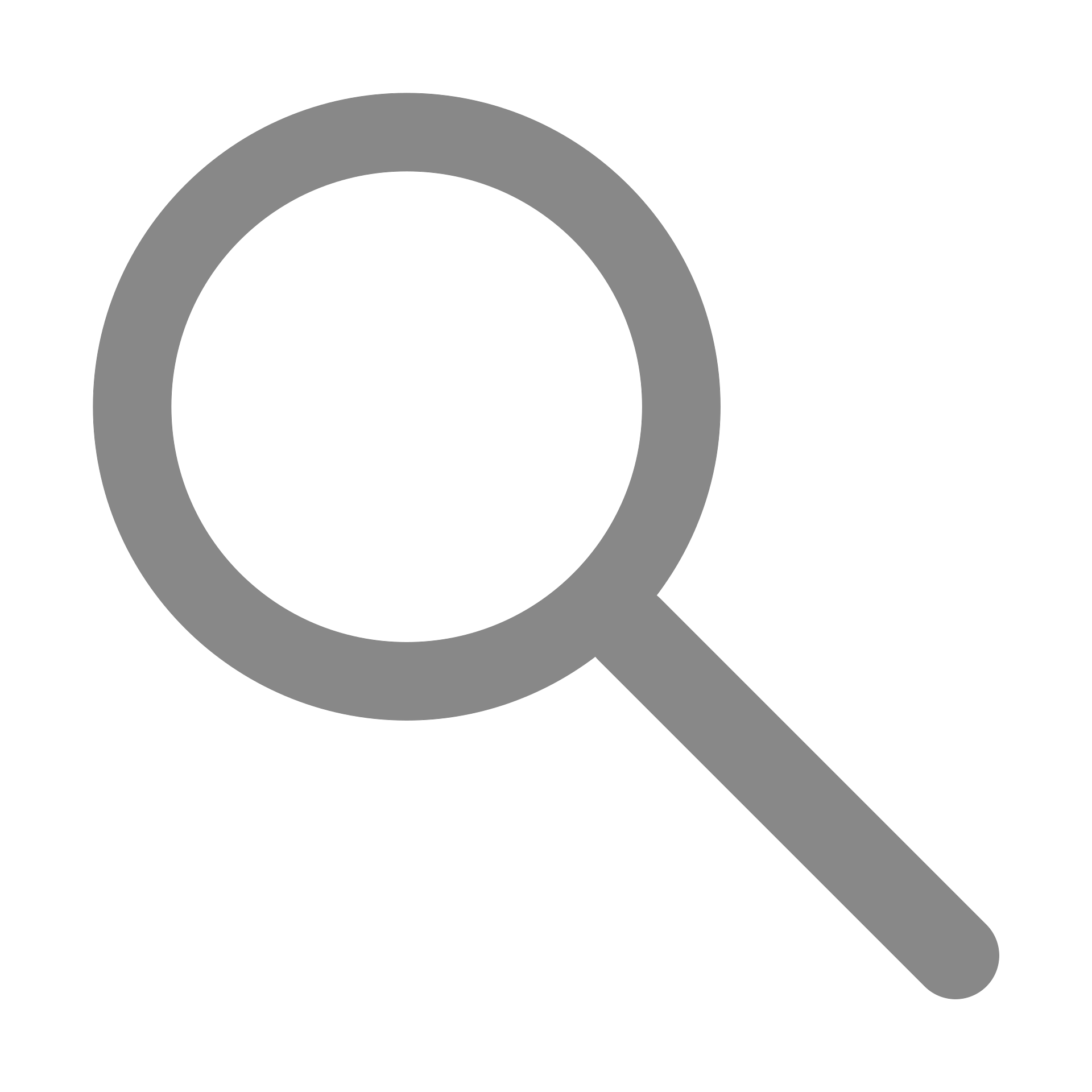 A magnifying glass icon with a gray circular lens and handle on a black background.