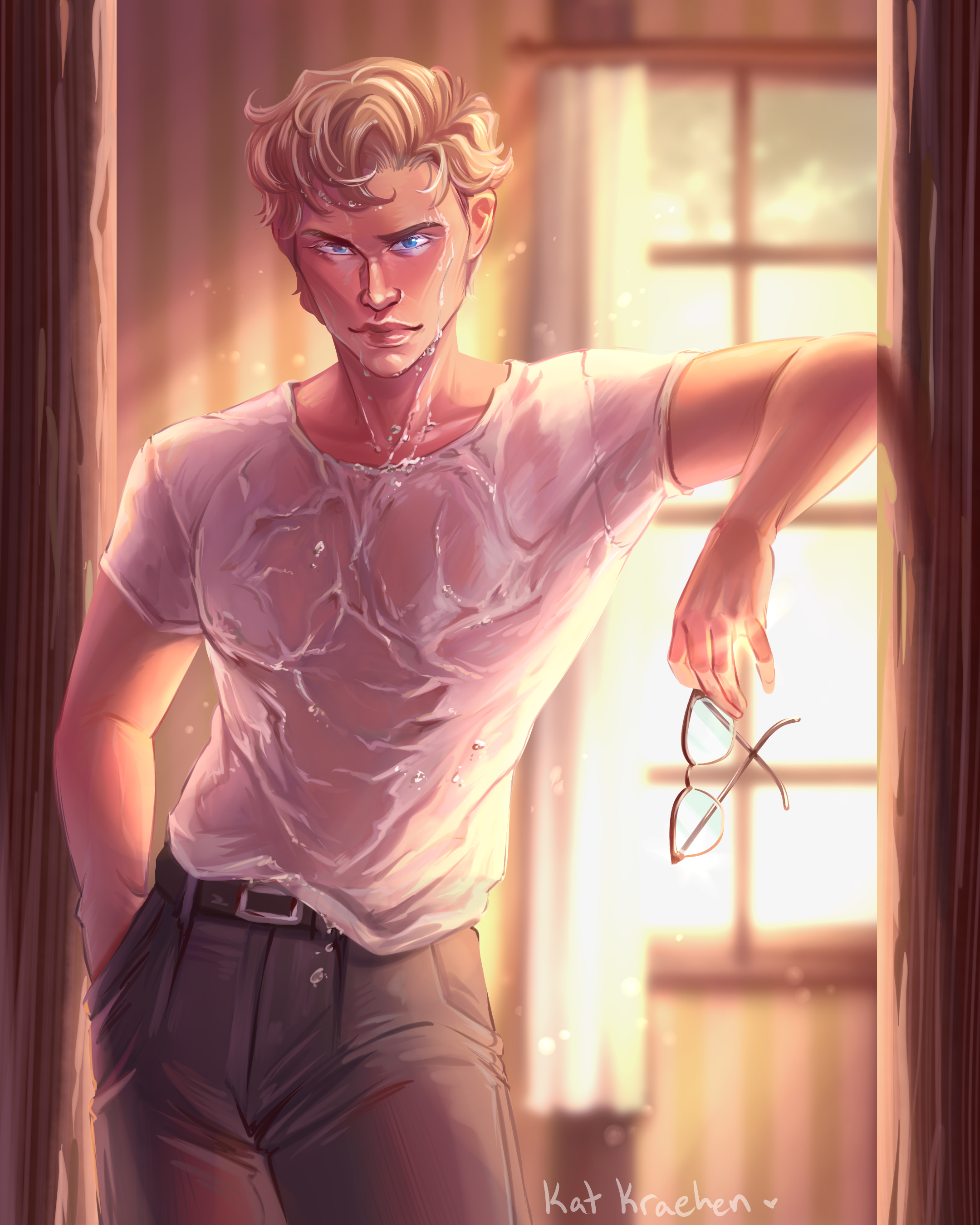 Wet Emrah - Emrah washing up in Kat's office bathroom after returning from the courier's apartment. Pinup celebration for Indie Ink Awards nomination of MVP Side Character and Indieverse Awards Irreplaceable Sidekick. Illustrated by Kat Kraehen.