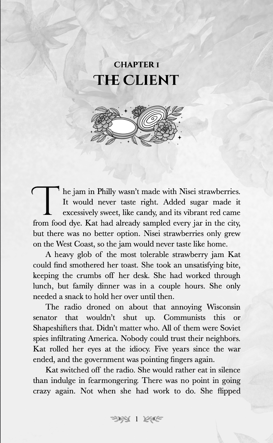 Title page of a book chapter titled 'The Client', with floral and candy illustrations.