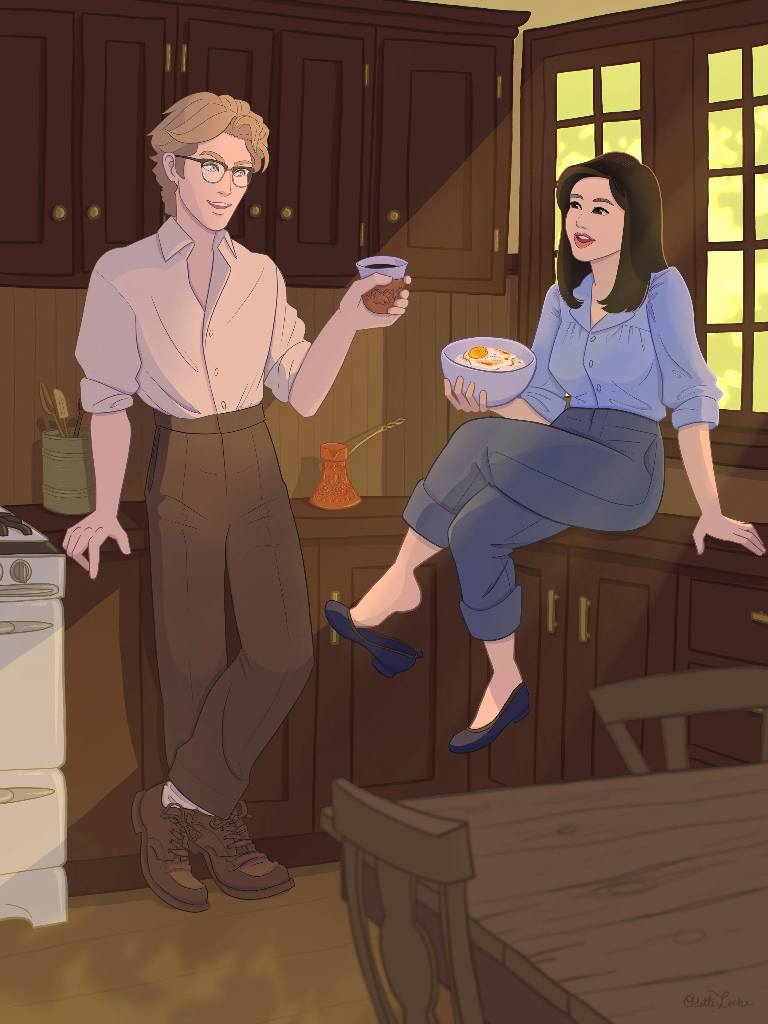 Breakfast Scene - Kat and Emrah enjoy breakfast together from Marigolds and Murder. Illustrated by Odette Locke.