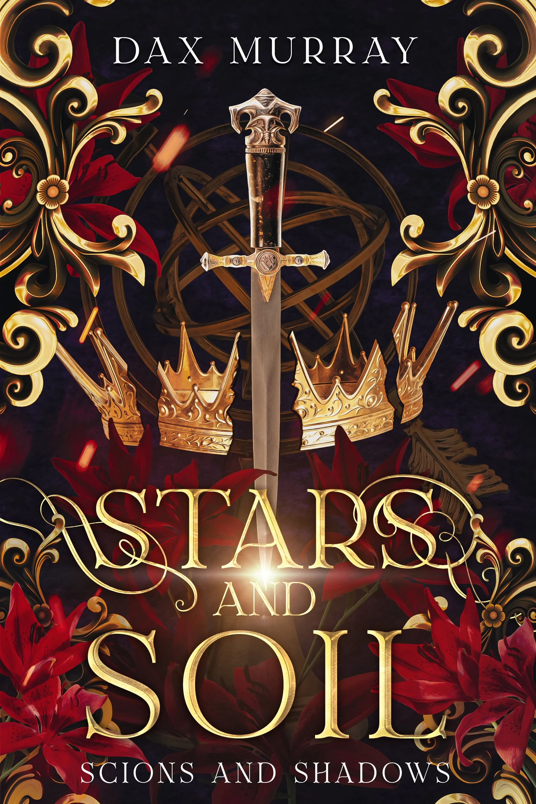 A fantasy book cover with large ornate golden letters, a sword with a detailed hilt, and red flowers. The text includes the author's name, Dax Murray, and the title 'Brass Stars and Shadows' with a subtitle 'Scions and Shadows'.