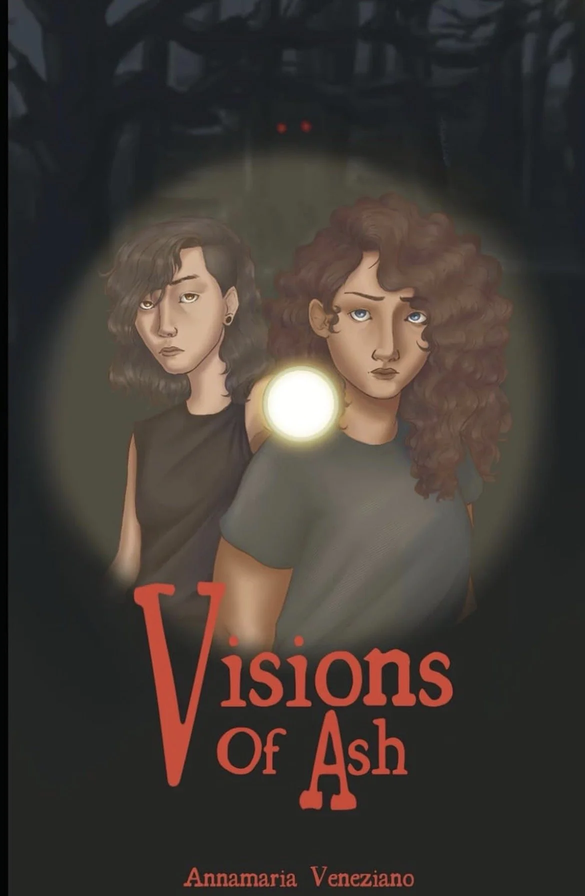 Book cover for 'Visions of Ash' by Annamaria Veneziano, featuring two illustrated women with wavy hair, one with dark, short hair and the other with long, curly brown hair, in a dark background with a glowing light between them and red text.