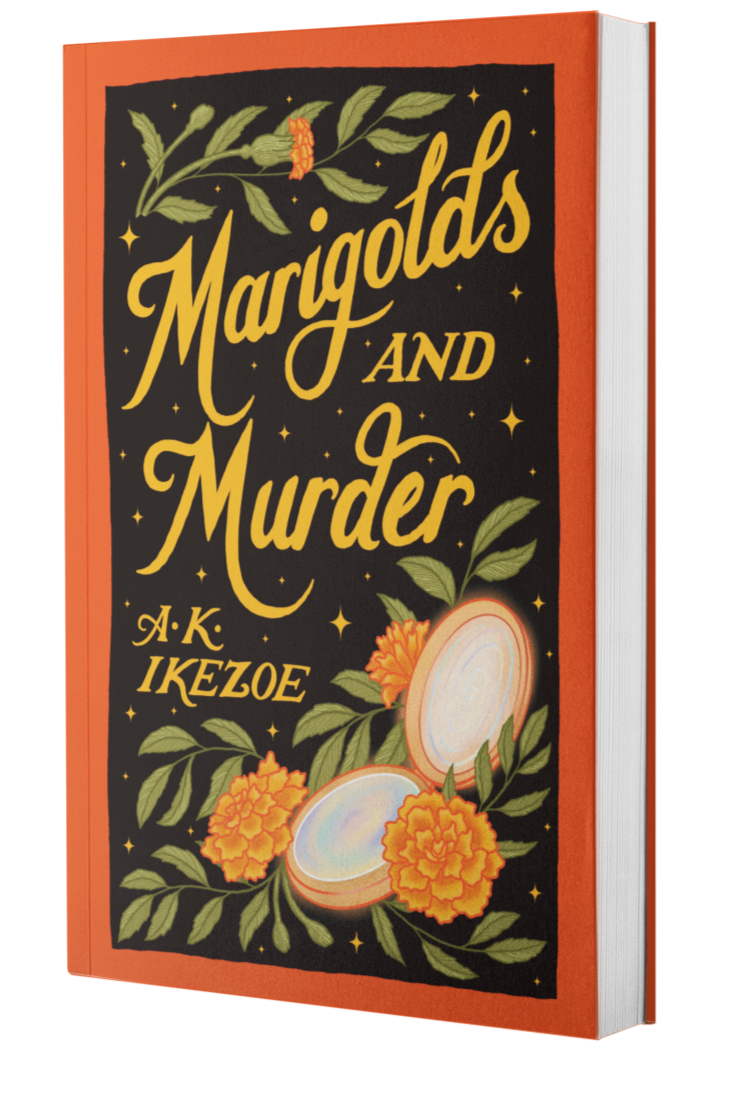 A book cover titled "Marigolds and Murder" by A. K. Ikezoe, featuring marigold flowers and a pair of pickled eggs on the front.
