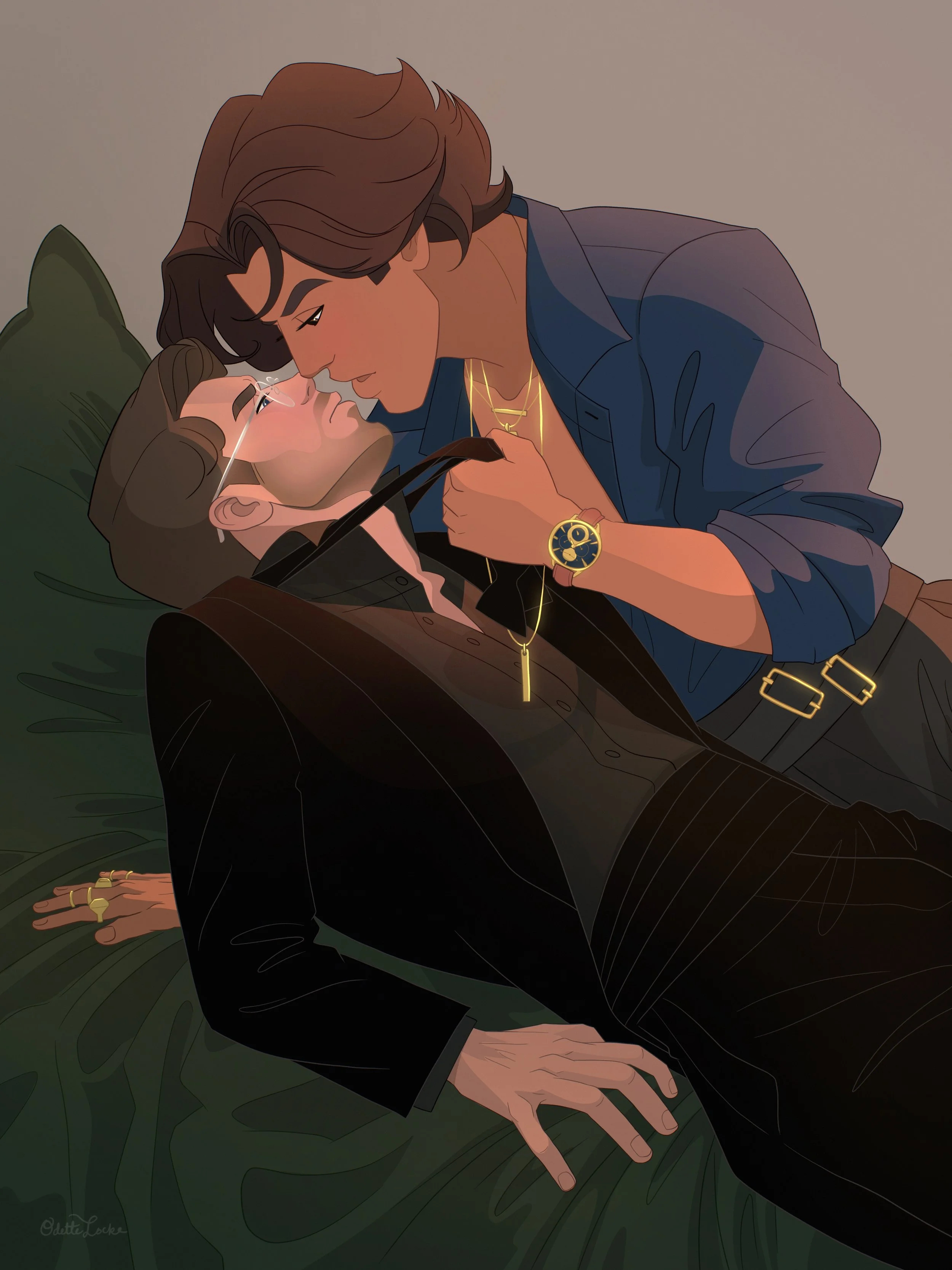 Kiss Scene - Casamir returns from his art gala and Ferdel returns from his orchestra concert from upcoming dark academia project. Illustrated by Odette Locke.