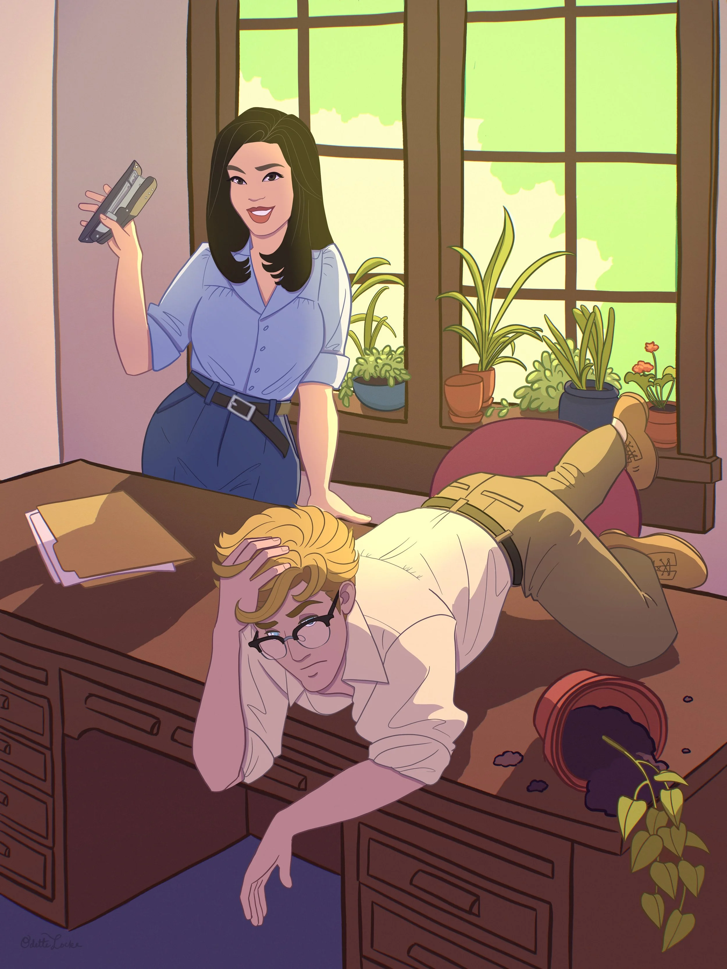 Office Scene - Kat and Emrah in Kat's office. Fan art illustrated by Odette Locke.
