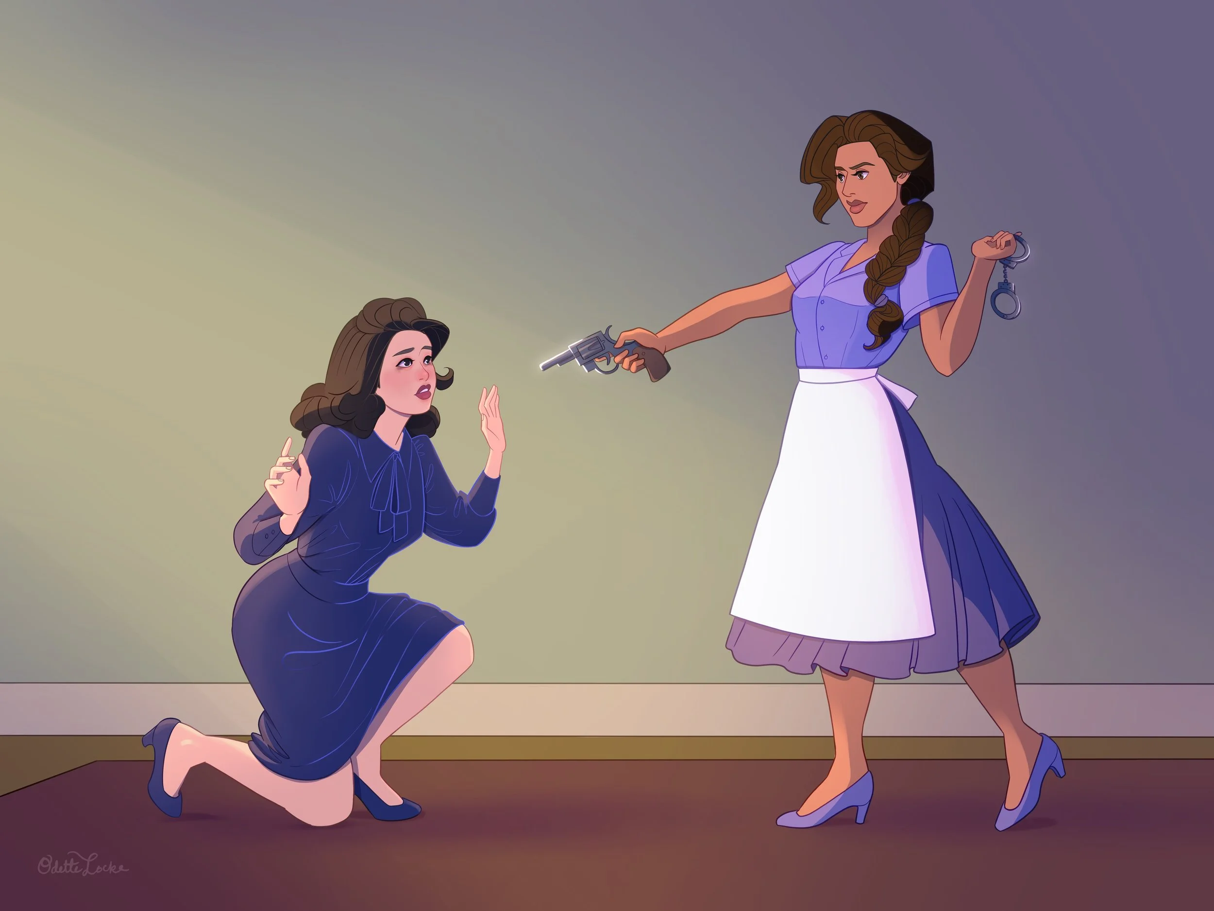 Gun Scene - Kat confronted by Agent Esqueda from Marigolds and Murder. Illustrated by Odette Locke.