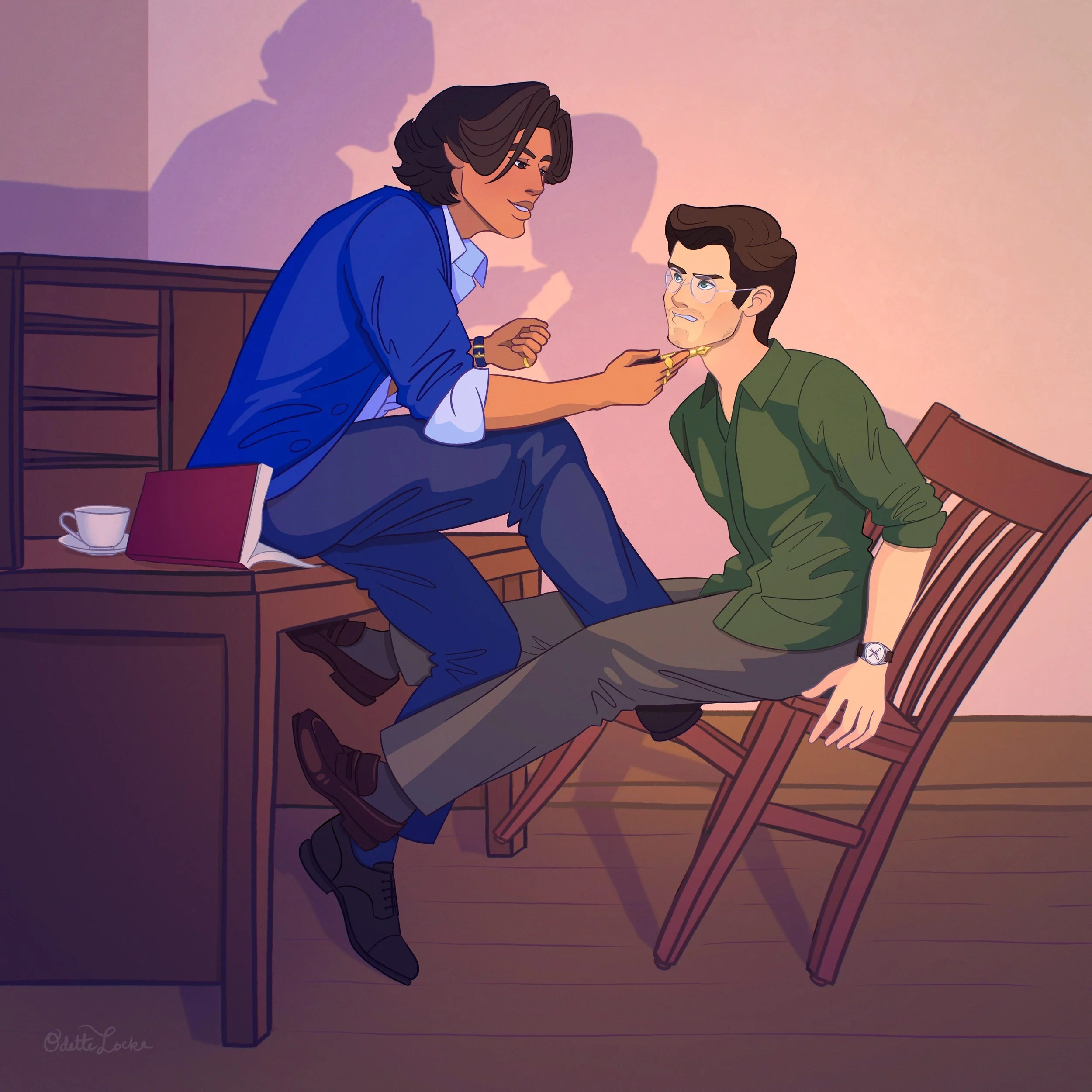 Desk Scene - Casamir tormenting Ferdel from upcoming dark academia project. Illustrated by Odette Locke.